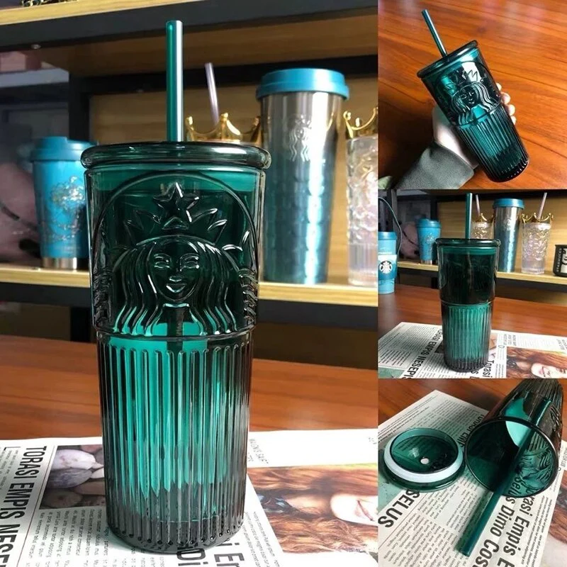 HULIANFU Large capacity 550ml green color Mermaid print Lead-free glass cups with lid and straw - Deanwangkt