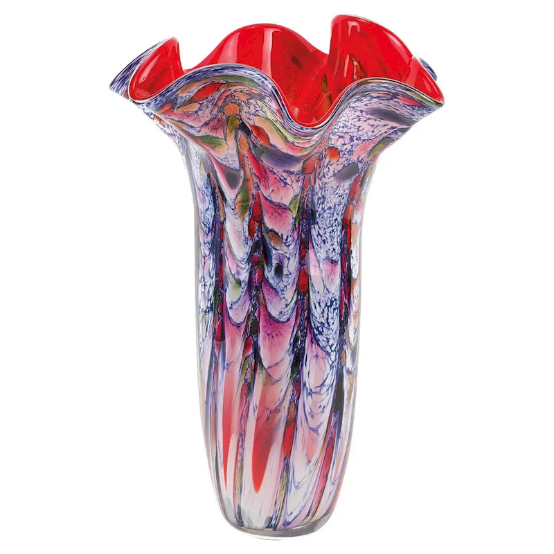HomeRoots 17  Blue Red And White Abstract Wavy Murano Glass Table Vase