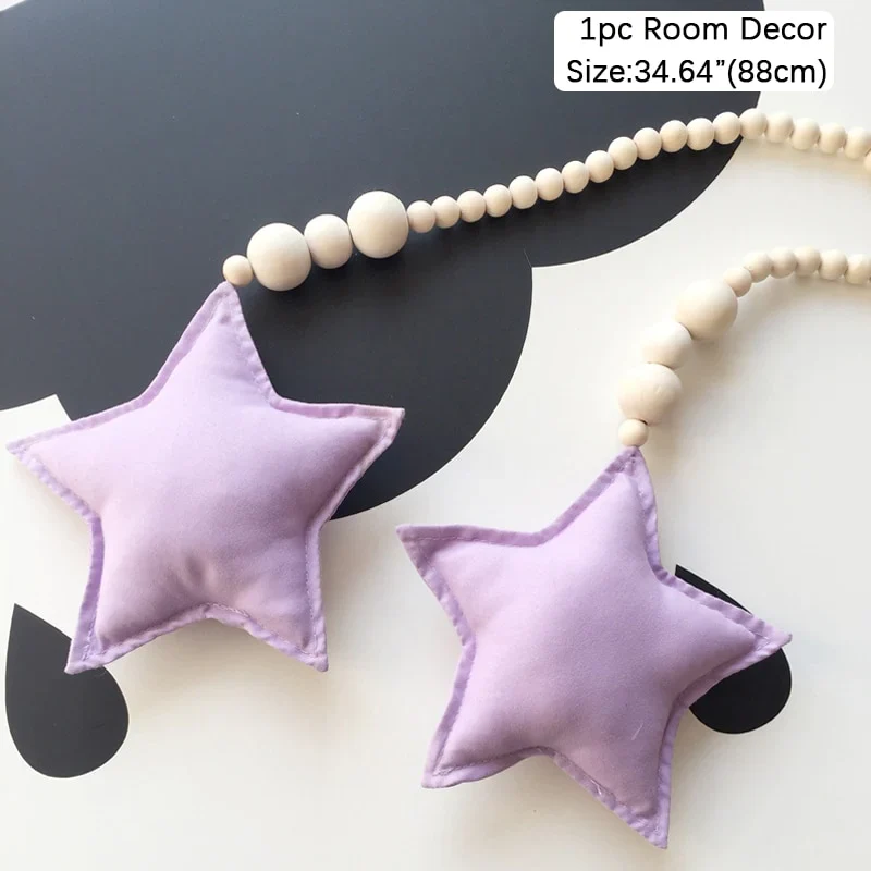 HULIANFU Nordic Boho Room Decor Double Star Moon Wooden Beads Cotton Hanging Wall Decoration Kawaii Kids Baby Bedroom Living Room Decor - Deanwangkt