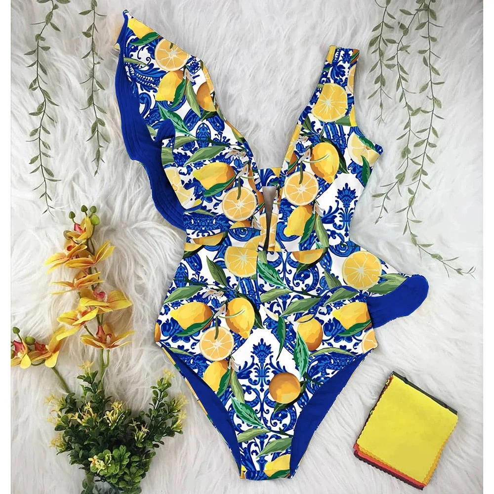 New Sexy Ruffle Print Floral One Piece Swimsuit Off The Shoulder Swimwear Women Solid Deep-V Beachwear Bathing Suit Monkini - Deanwangkt