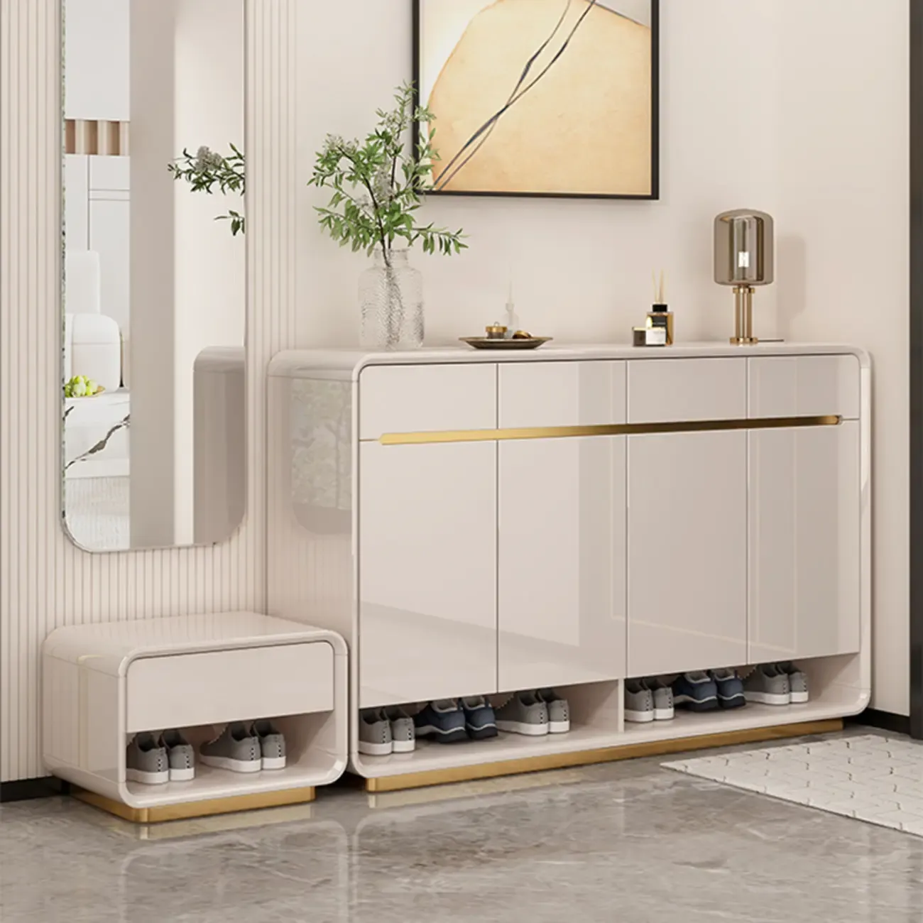 Glam Beige Solid Wood Shoe Cabinet with Display Top