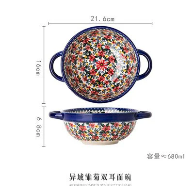 HULIANFU Krusoal Retro Ceramic Handle Salad Bowl Household Oven Breakfast Bake Pan Microwave Bohemia Binaural Soup In-glaze Tableware - Deanwangkt