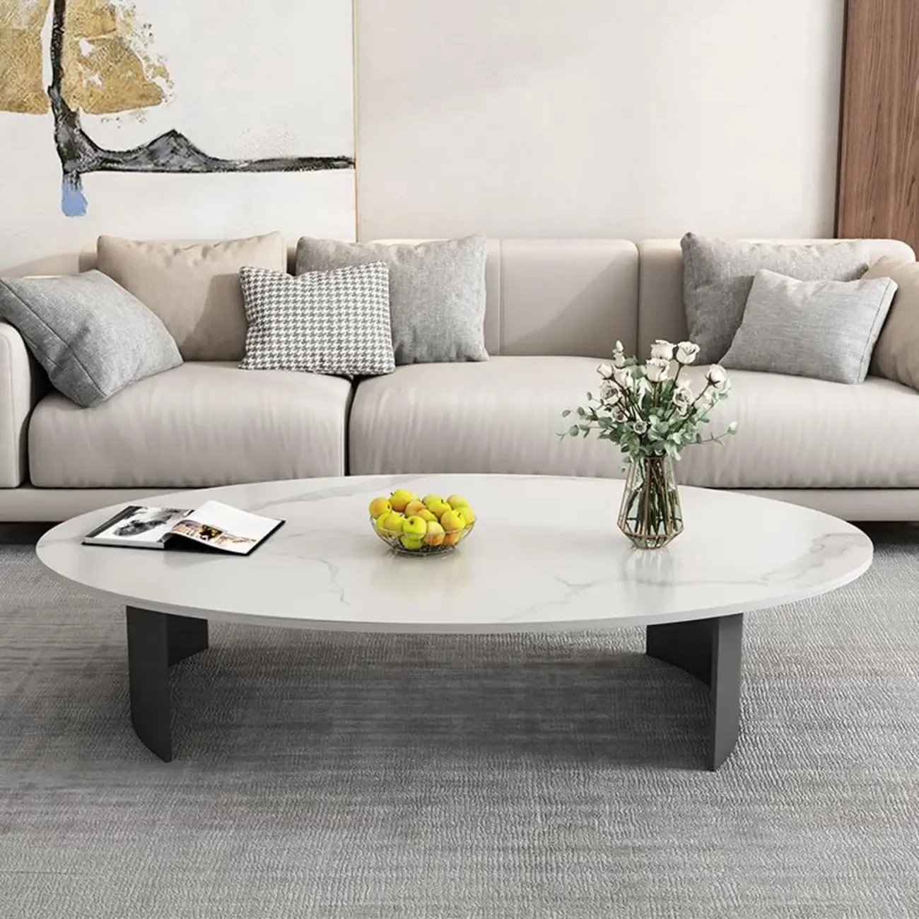 Oval Stone Top Scratch Resistant Iron Base Coffee Table