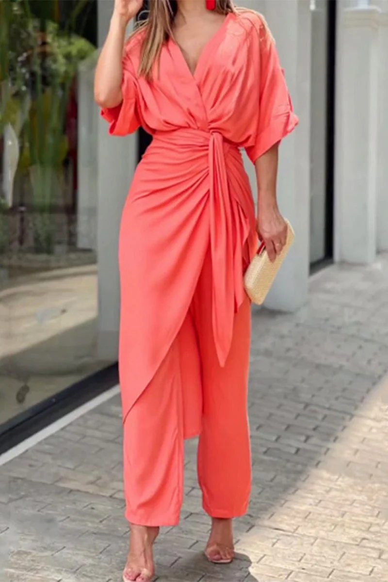 hulianfu Casual Solid Frenulum V Neck Regular Jumpsuits(3 Colors) - Deanwangkt