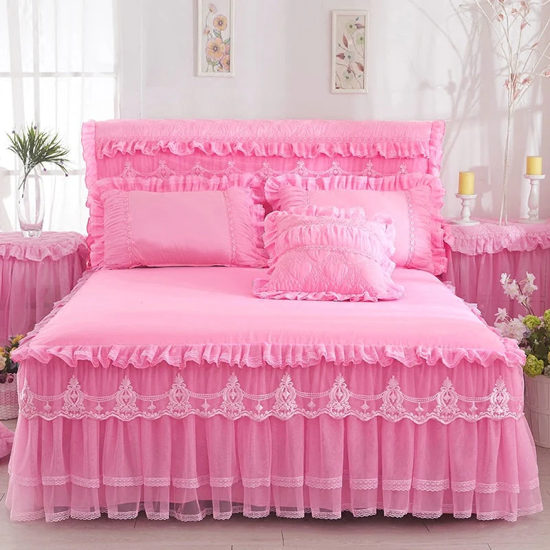 HULIANFU  1 Piece Lace Bed Skirt +2pieces Pillowcases bedding set Princess Bedding Bedspreads sheet Bed For Girl bed Cover King/Queen size - Deanwangkt