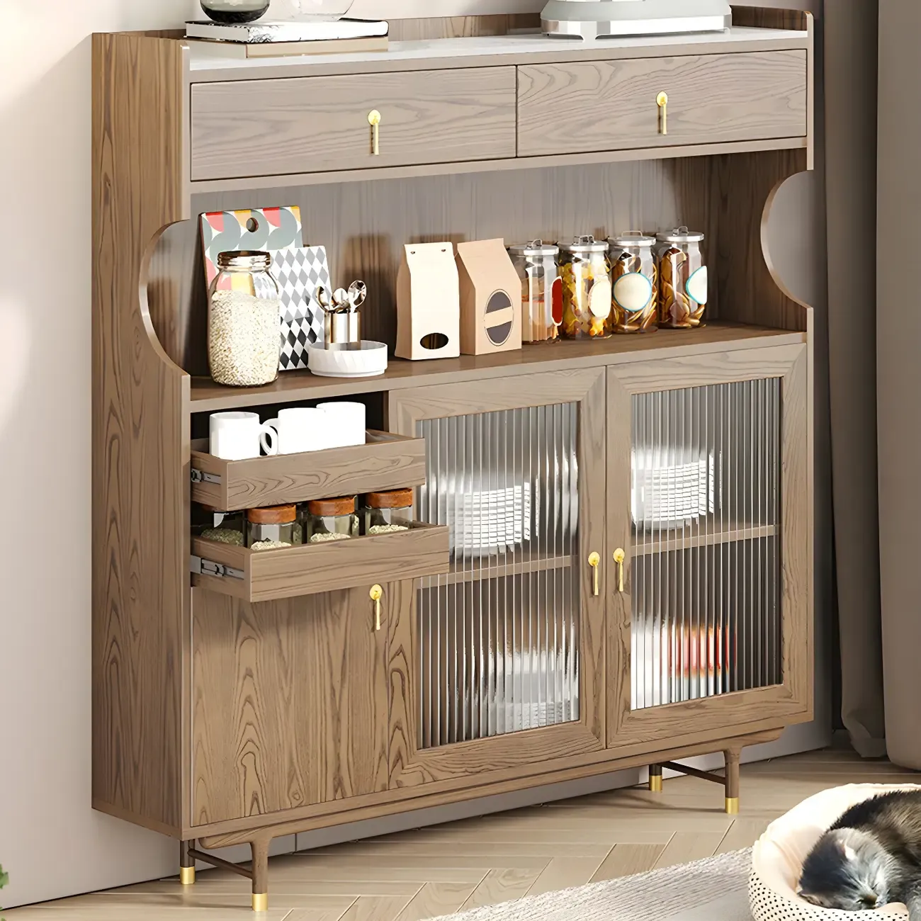 Brown Wood Glass Door Kitchen Hutch Cabinet with Storage