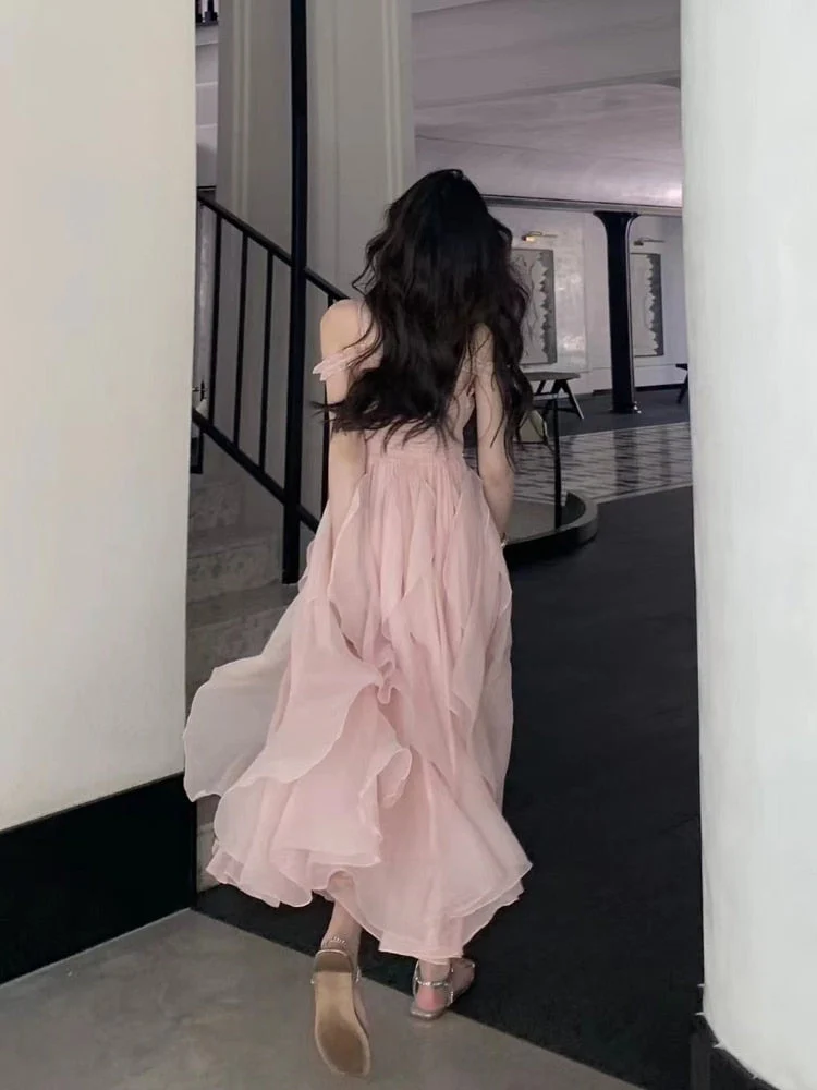 Hulianfu Harajuku French Korean Sweet V-Neck Camisole Sleeveless Sexy Strap Midi Maxi Dresses for Women Elegant Fairy Party Summer Pink - Deanwangkt