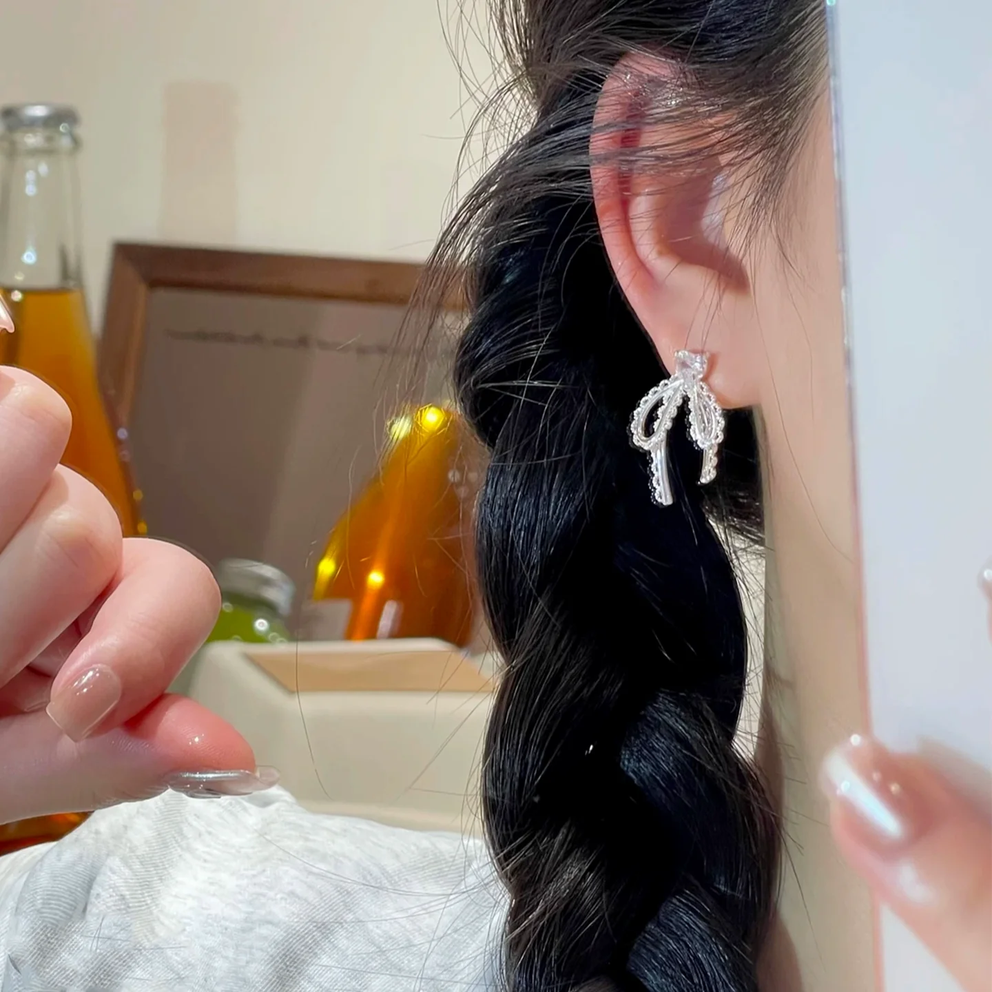 925 silver needle  lace bow stud earrings women's niche design exquisite high-end earrings ribbon earrings - Deanwangkt