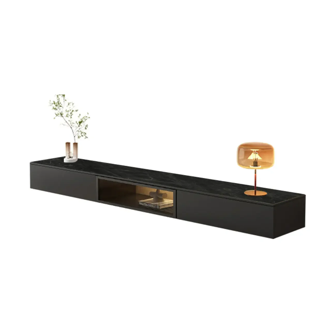 63 Grey Sintered Stone Long Floating TV Stand with Cabinet