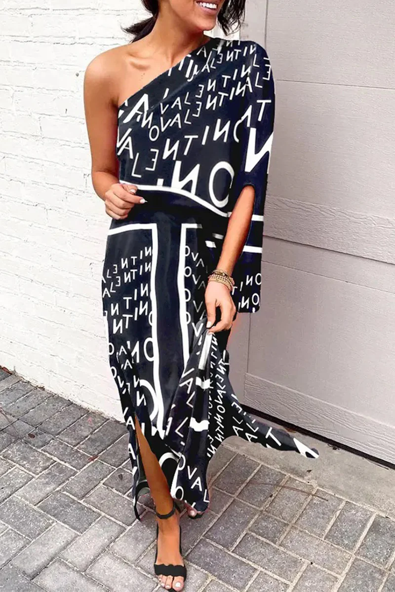 hulianfu - Casual Print One Shoulder Waist Skirt Dresses(5 Colors) - Deanwangkt
