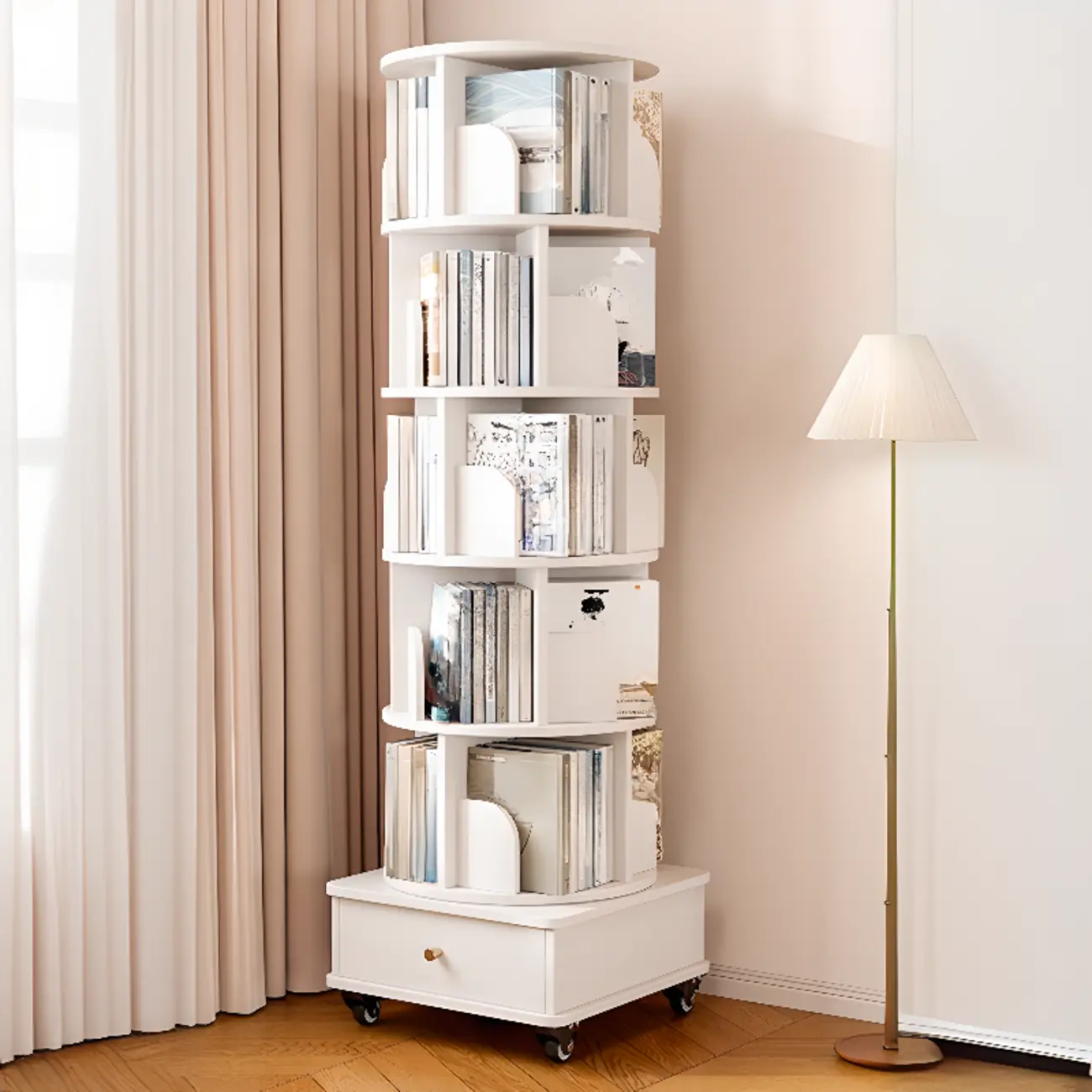 Narrow Wood 5-Tier Revolver Sliding Bookcase with Drawer