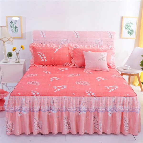 HULIANFU  3pcs set Elegant floral bed skirt skin-friendly cotton lace bedding home decor bedspreads queen pink king size bed cover - Deanwangkt