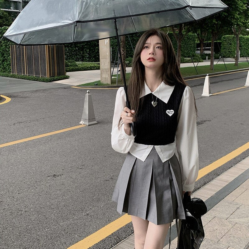Sweet Japanese Girl Fashion 2 Piece Skirt Sets Long Sleeve Patchwork Shirt Top&High Waist Pleated Mini Skirt 2pc Dress Outfits - Deanwangkt
