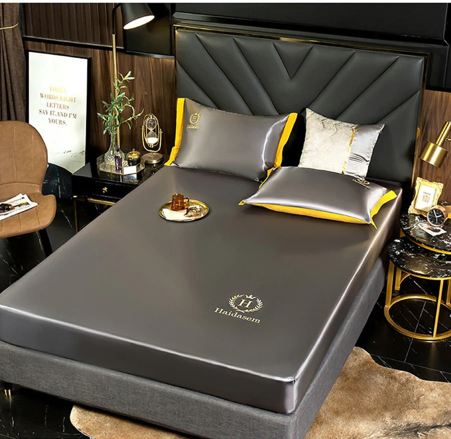 HULIANFU  WOSTAR Luxury ice silk fabrics elastic fitted sheet summer solid bedding mattress protector cover queen king size bed sheet set - Deanwangkt