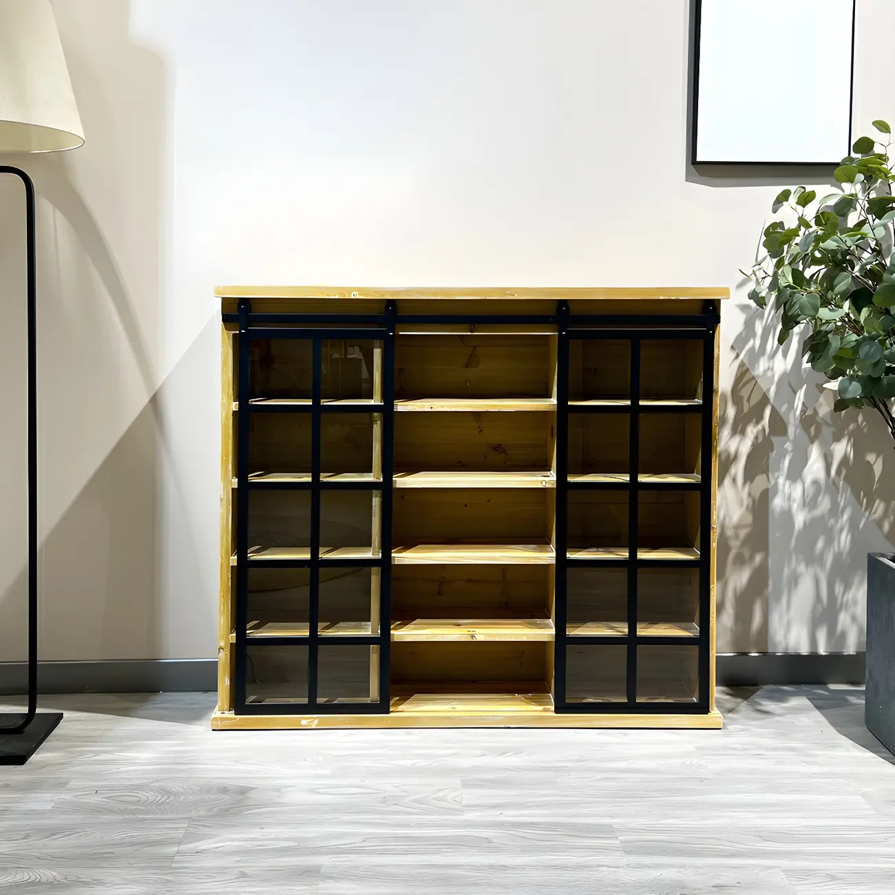 Natural Wall Mount LED Wooden Open Storage Display Cabinet