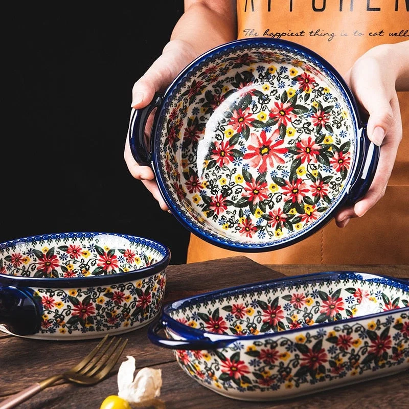 HULIANFU Krusoal Retro Ceramic Handle Salad Bowl Household Oven Breakfast Bake Pan Microwave Bohemia Binaural Soup In-glaze Tableware - Deanwangkt