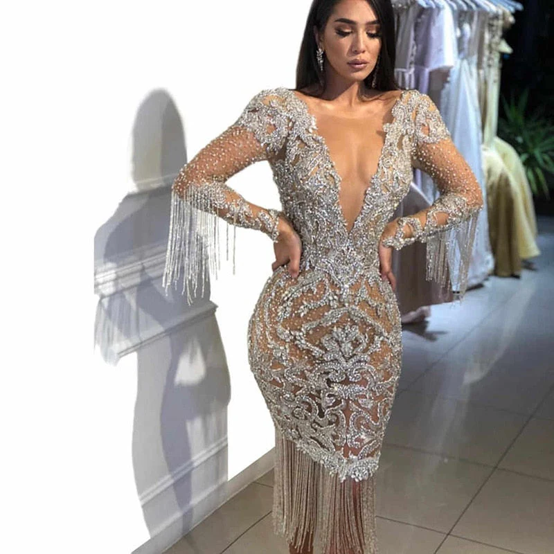 Hulianfu Luxury Tassel Evening Party Dress Women Sexy Elegant Fashion Long Sleeve V Neck Short Dresses - Deanwangkt
