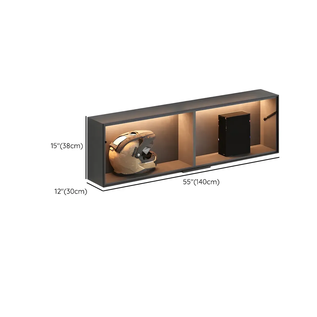 Black Wall Mount Wood 2-Cube Display Cabinet with Light