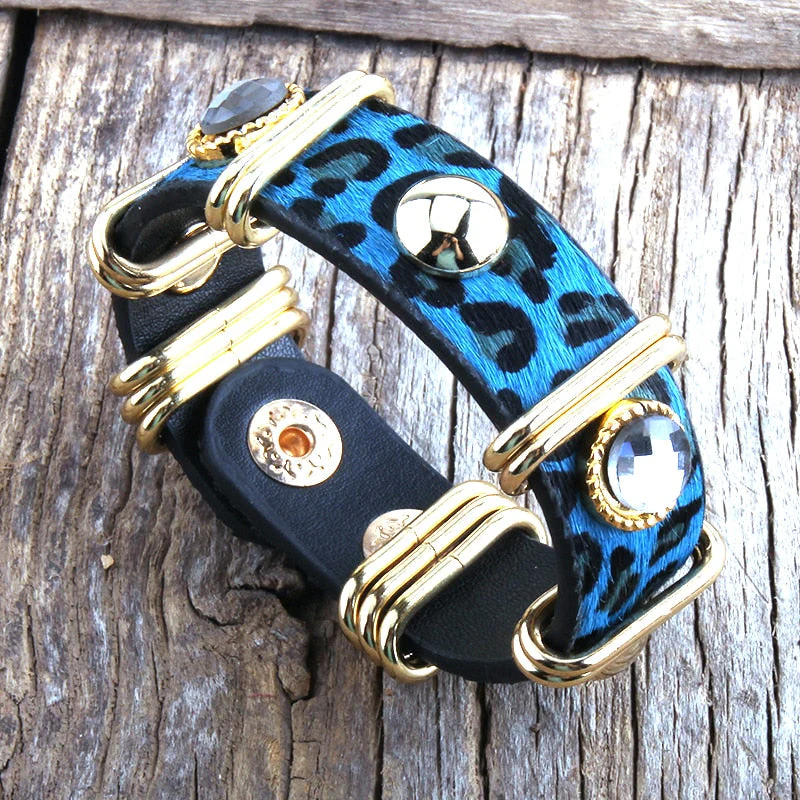 HULIANFU RH Fashion Boho Leather Armbander Goldcolor Metal Rectangle Real Leopard Horsetail Leather Bracelets For Women Gift DropShip - Deanwangkt