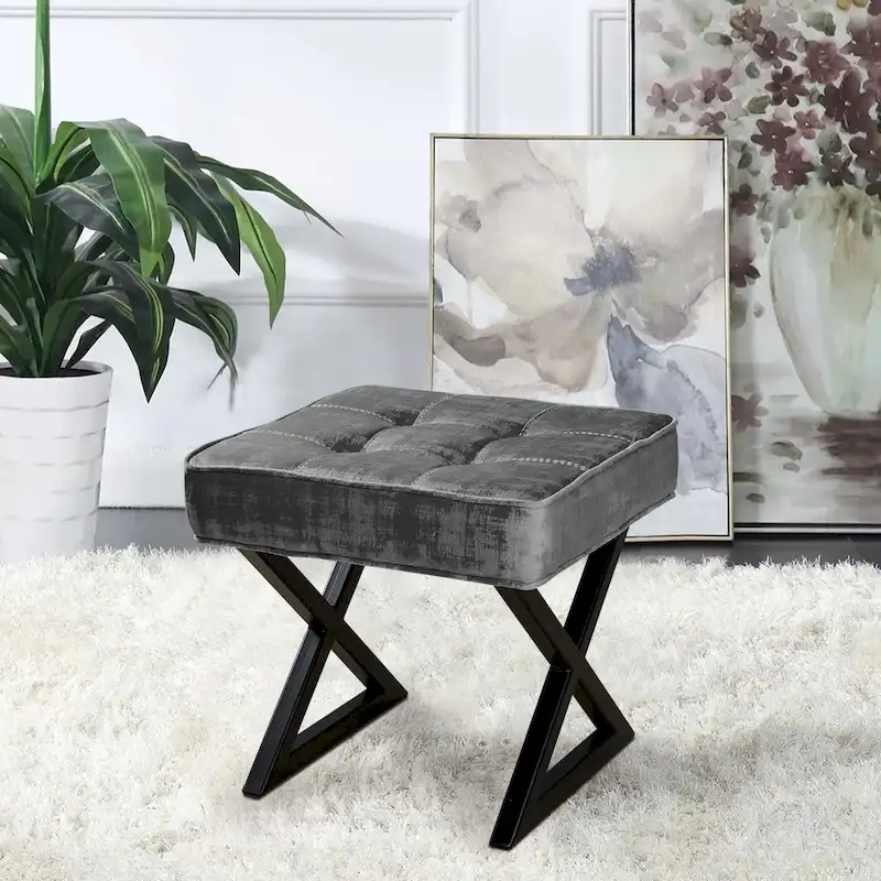 Textured Velvet Ottoman Vanity Stool 18X18X17