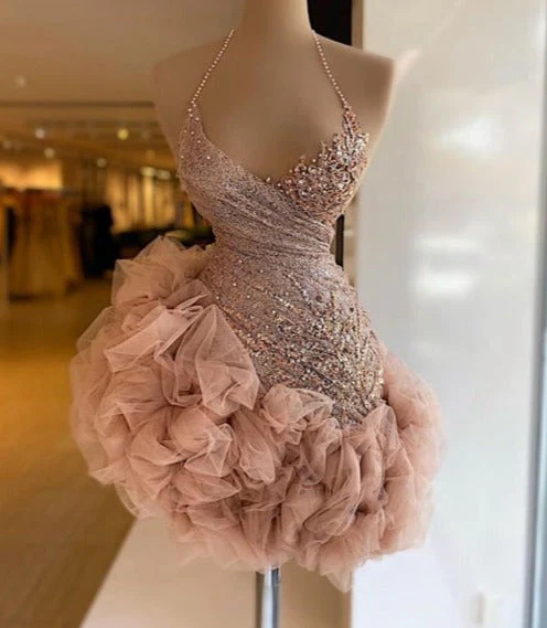 Hulianfu Cute Halter Ruffles Rose Pink Beaded African Women Formal Cocktail Dresses - Deanwangkt