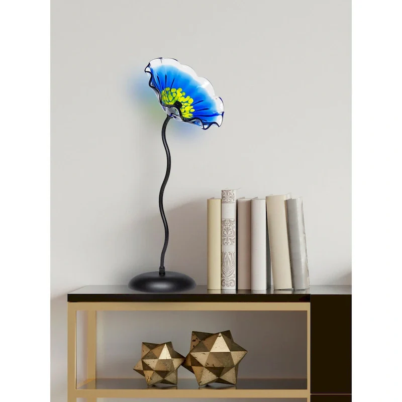 Fiore Bloom 23 IN Tall Blue Flower Art Glass Sculpture with Metal Stand