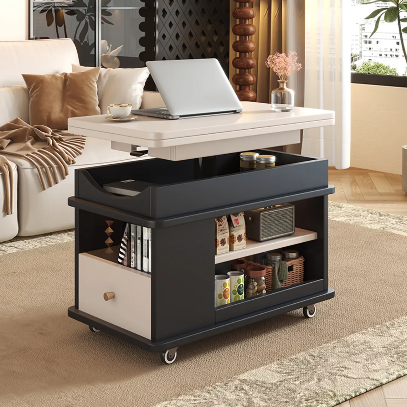 Rectangle Foldable Lift Top Wood Metal Side Table with Wheels