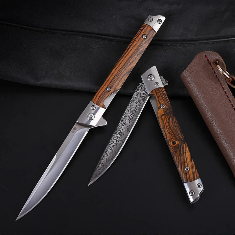 HULIANFU M390 Steel Folding Knife with Holster Wooden Handle Damascus Pattern High Hardness Outdoor Hunting Knife  Camping Survival Tools - Deanwangkt
