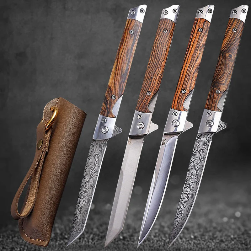 HULIANFU M390 Steel Folding Knife with Holster Wooden Handle Damascus Pattern High Hardness Outdoor Hunting Knife  Camping Survival Tools - Deanwangkt