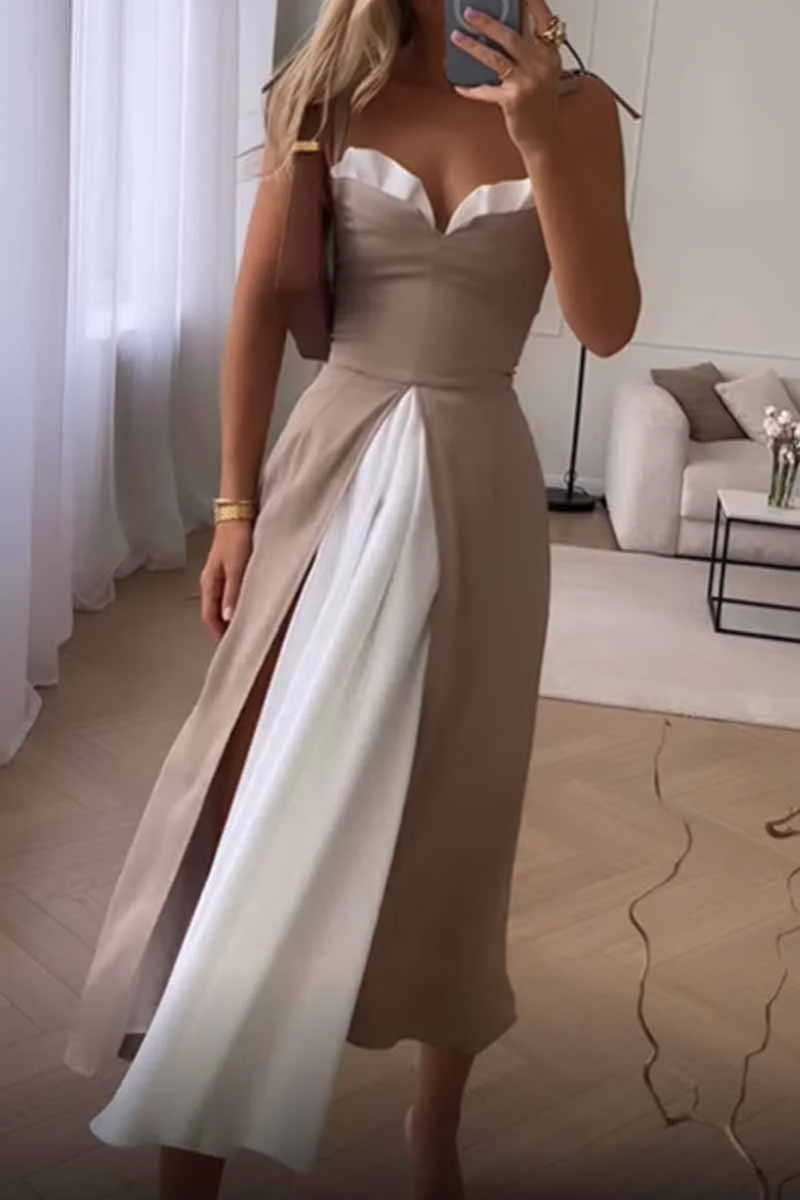 hulianfu Elegant Print Solid Patchwork Slit V Neck A Line Dresses - Deanwangkt