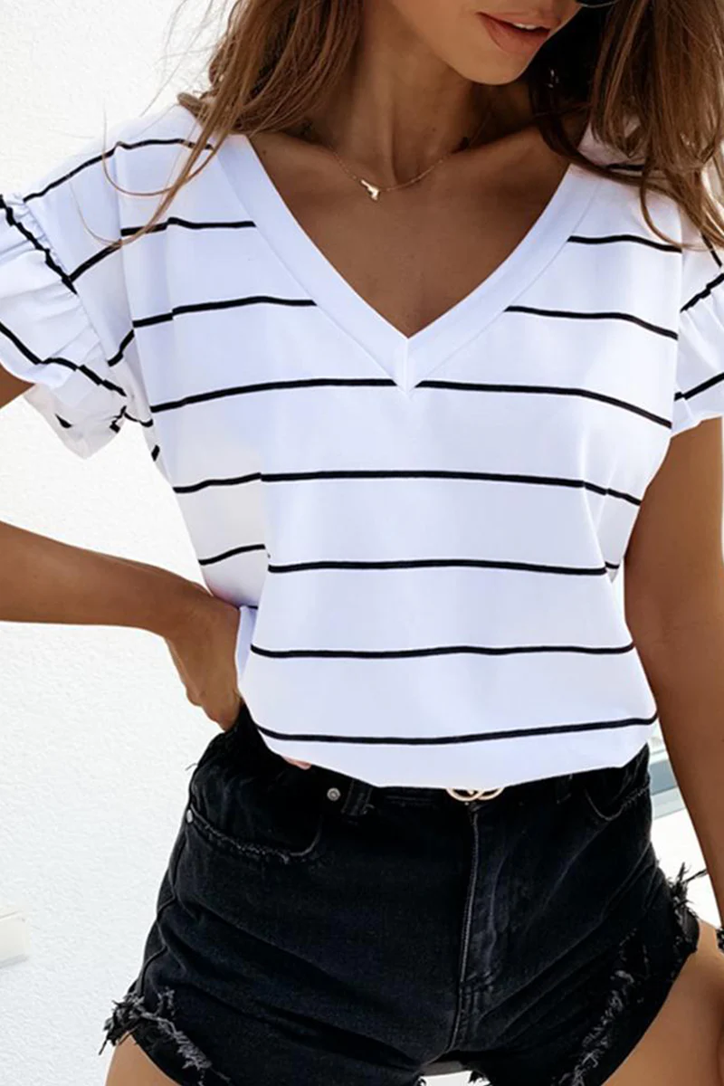 Casual Striped Flounce V Neck T-Shirts - Deanwangkt