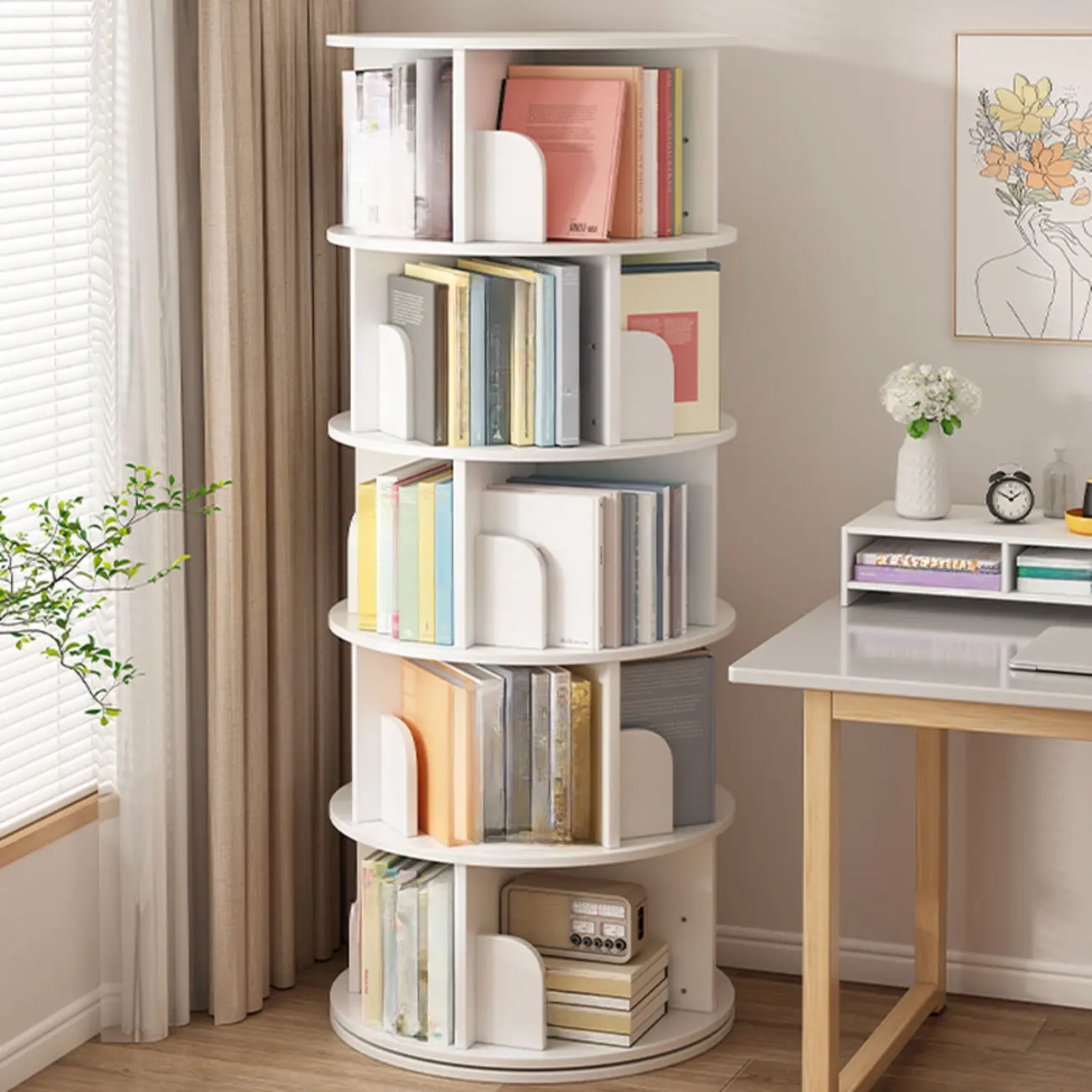 Brown Cylindrical Wooden Rotating Open-Back Bookcase