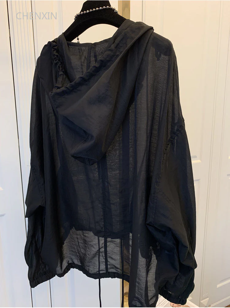 Hulianfu Women Jackets Hooded Summer Sun-proof Zipper Coats Thin Loose See Through Outerwear Breathable Outwear Lightweight Clothes Black - Deanwangkt