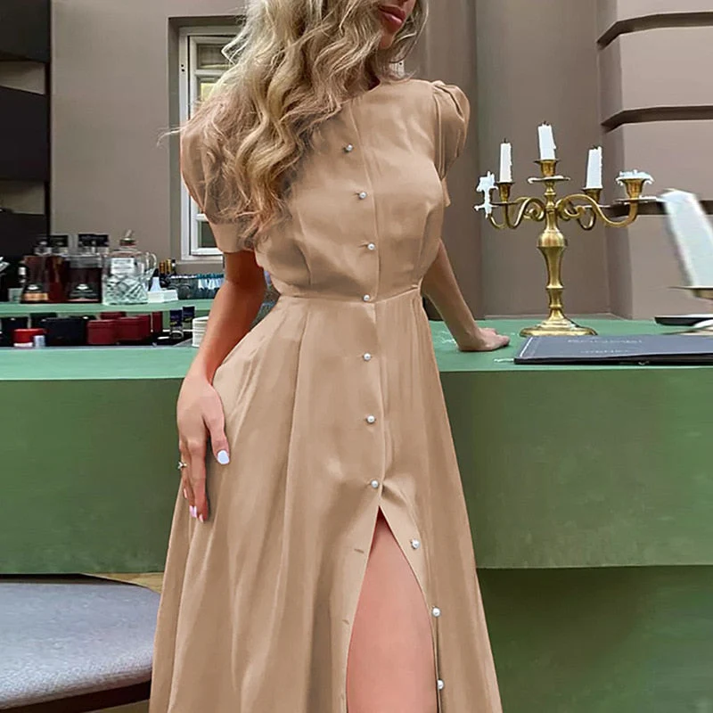 Hulianfu Women's Summer Long Dress Slit 2026  Orange Elegant Short Sleeve Maxi Dresses Office Ladies Buttons Holiday Shirt Dress For Women - Deanwangkt
