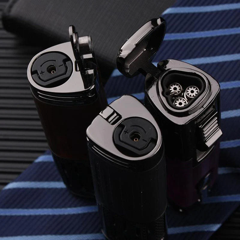 HULIANFU Metal Windproof Spray Gun Gas Lighter Smoking Four FlamesTorch 1300 C Multifunction Cigar Butane Lighters With Cigar Cutter - Deanwangkt