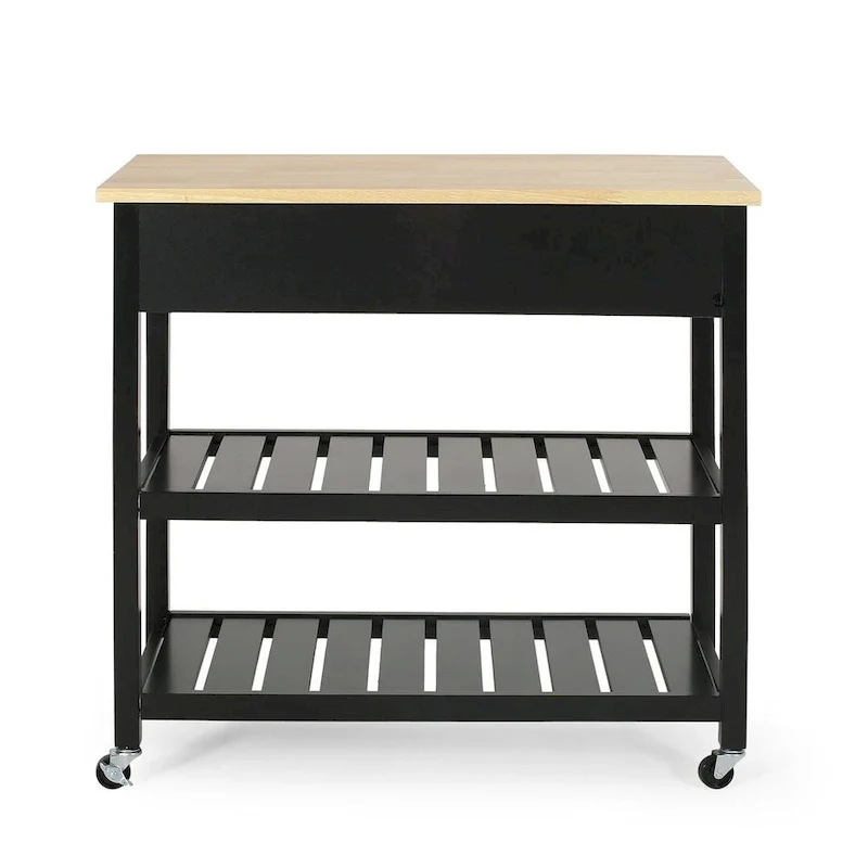 Modern White Wood Kitchen Cart with Wheels Drawers and Shelves by