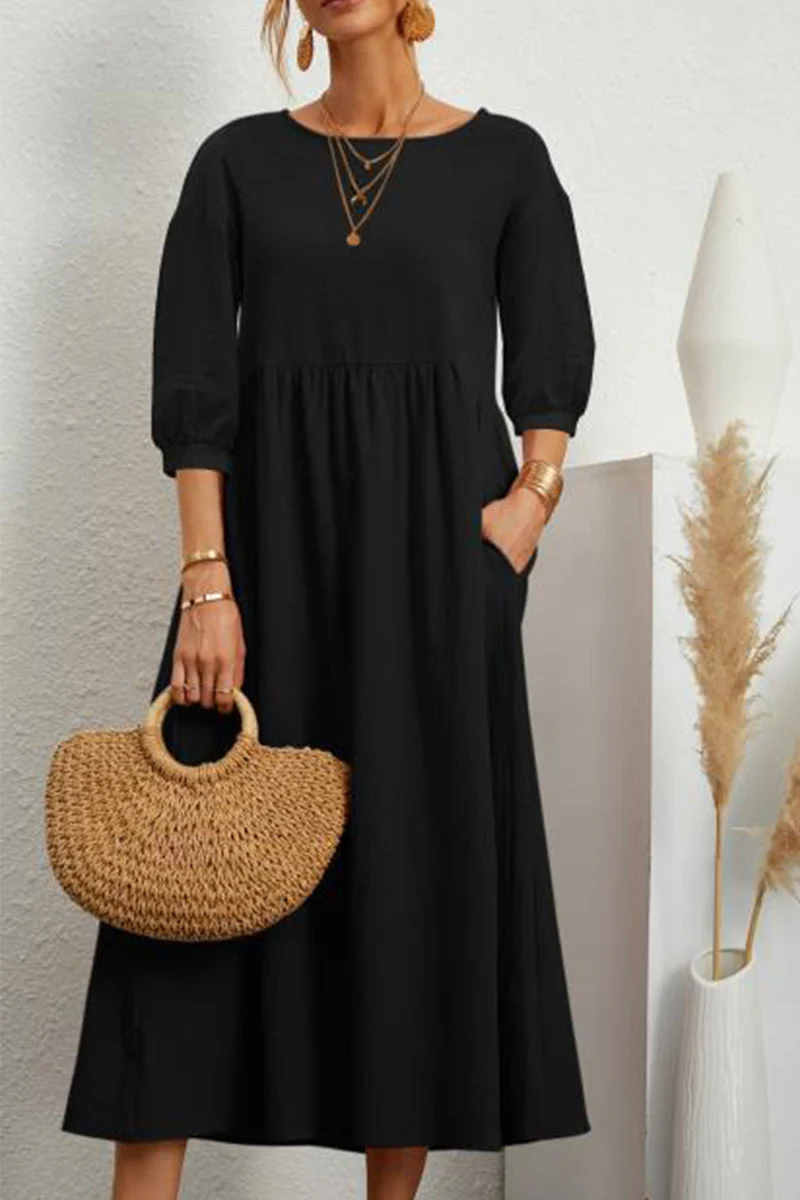 hulianfu Casual Solid Solid Color O Neck A Line Dresses(11 Colors) - Deanwangkt