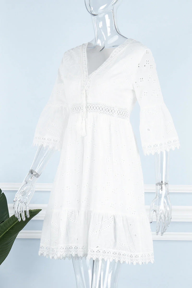 hulianfu - Sweet Elegant Solid Tassel Embroidered Hollowed Out V Neck A Line Dresses - Deanwangkt