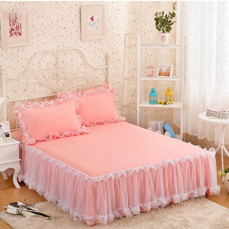 HULIANFU Pink Lace Lotus Leaf Lace Bed Skirts Princess Style Solid Color Bedspread Bed Cover Non-Slip Sheets Without Pillowcase - Deanwangkt