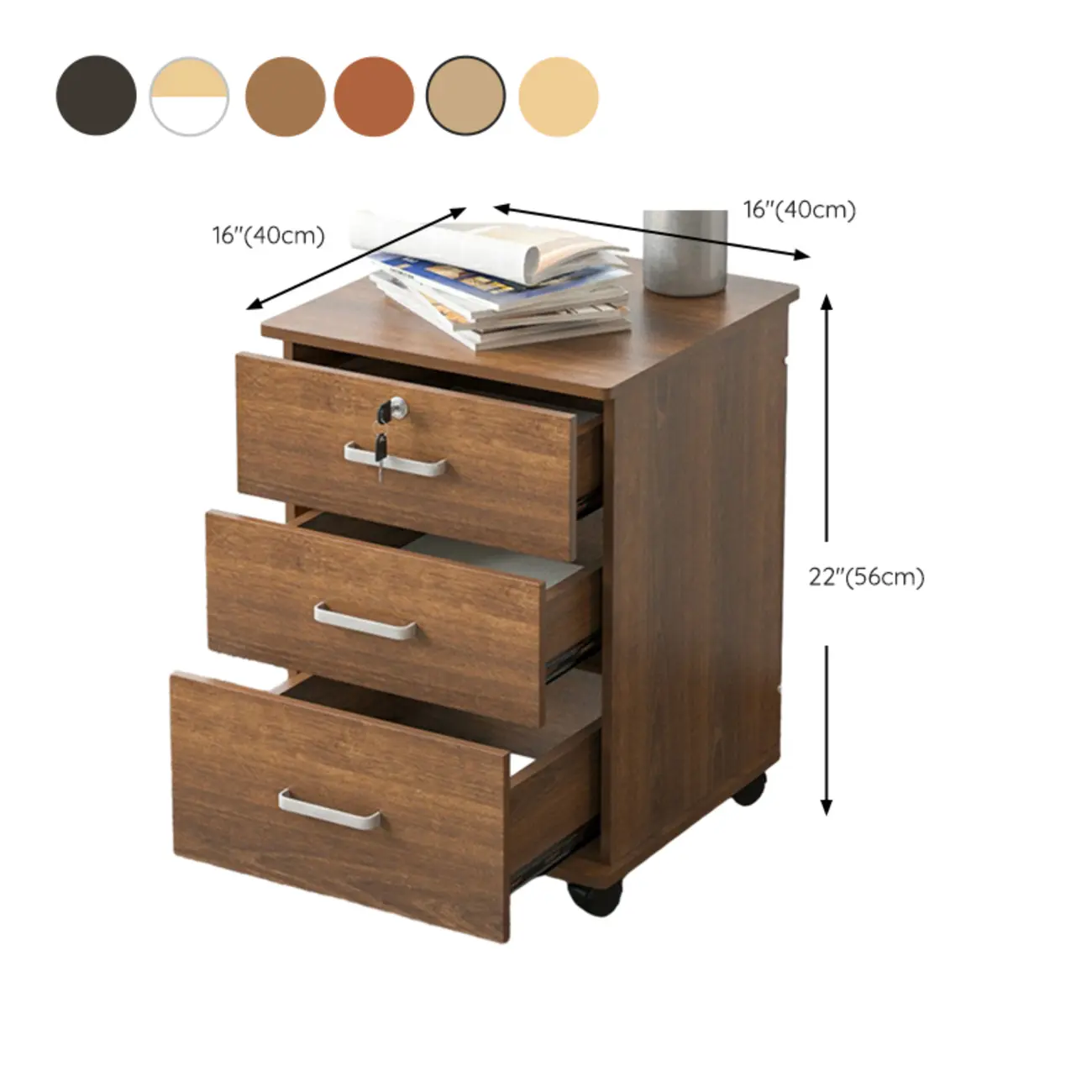 Lokable Brown-White Wood 3 Drawers Mobile Filing Cabinet