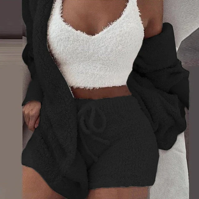 Three Piece Sexy Fluffy Outfits Plush Velvet Hooded Cardigan Coat+Shorts+Crop Top Women Tracksuit Sets Casual Sports Sweatshirt - Deanwangkt