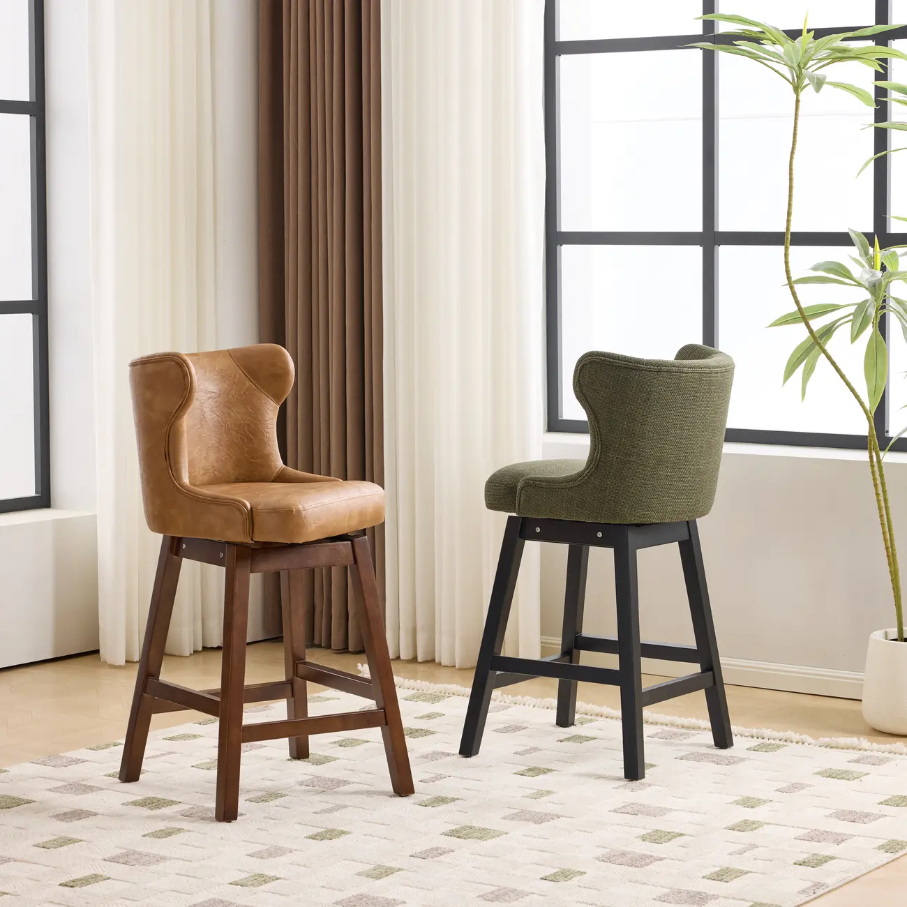 Set Of 2 Bar Height Mid-century Modern Upholstered Bar Stools