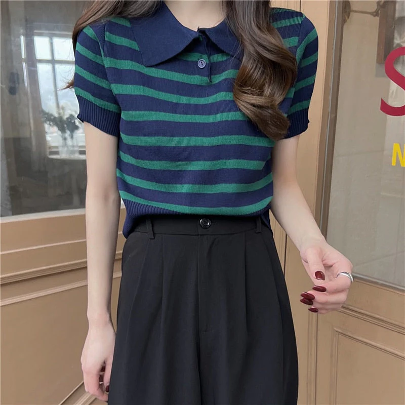 Hulianfu Summer Vintage Striped Polo Collar T Shirts Women's Knitted Short Sleeve Thin Cropped Tshirt Crop Top For Slim Girls - Deanwangkt