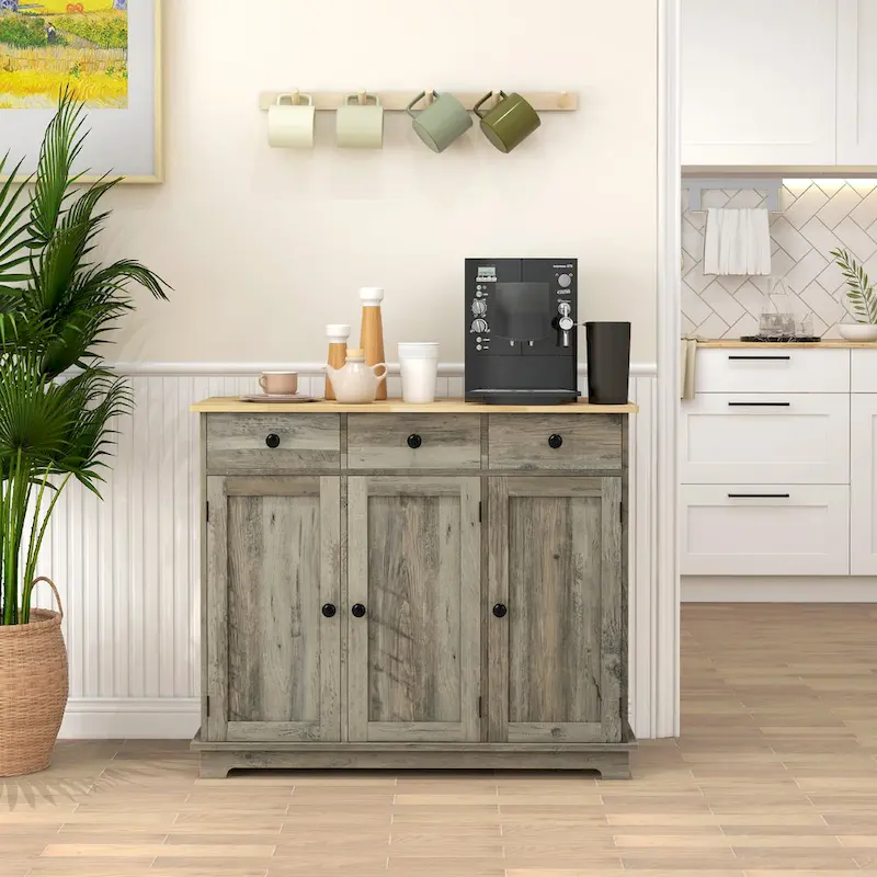 HOMCOM Sideboard with Solid Wood Countertop, Modern Kitchen Storage Cabinet, Coffee Bar Cabinet with 3 Drawers
