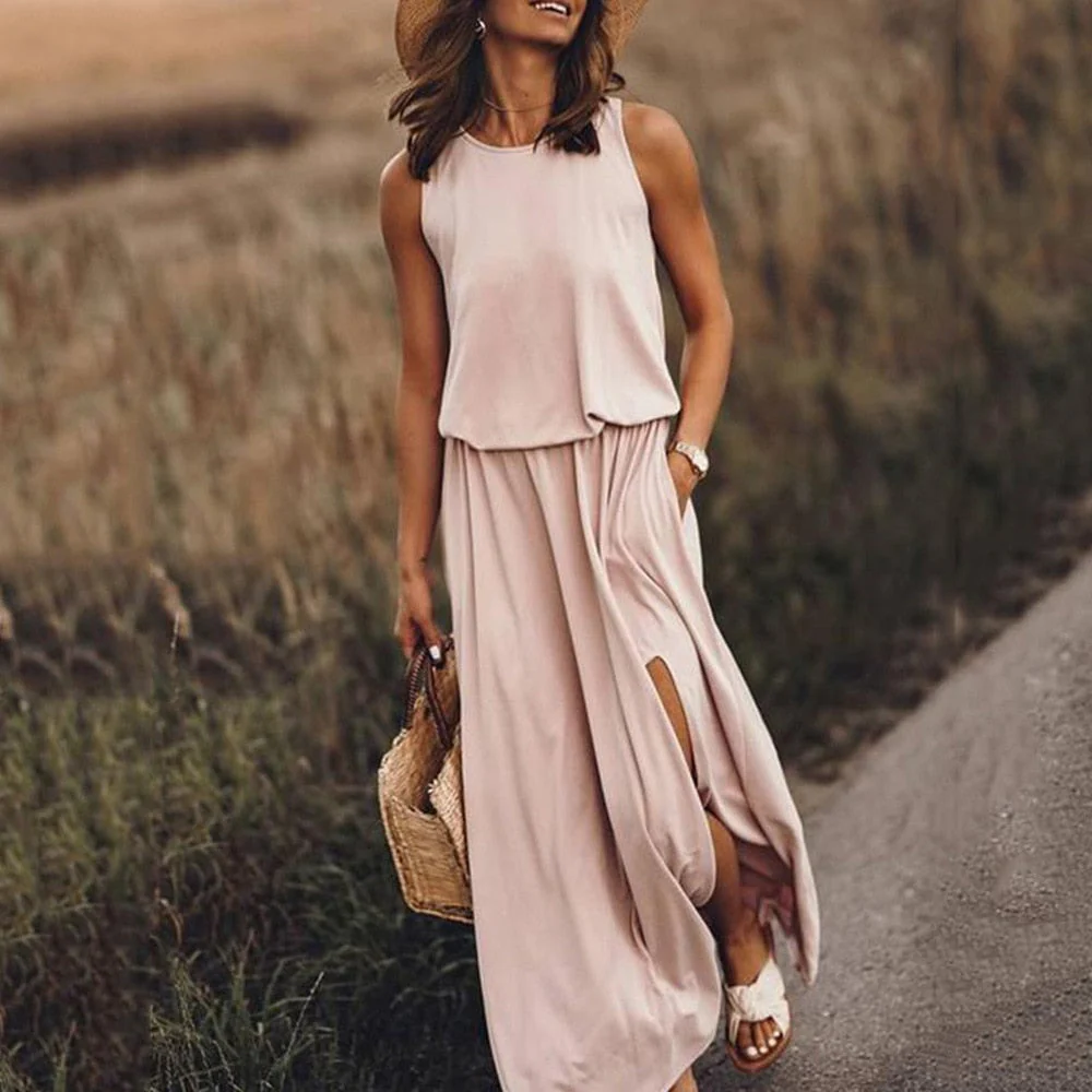 hulianfu Summer Solid Long Dress Women Casual Sleeveless Elastic Waist Side Slit Maxi Dresses Female O-Neck Loose Tank Dress Sundress - Deanwangkt