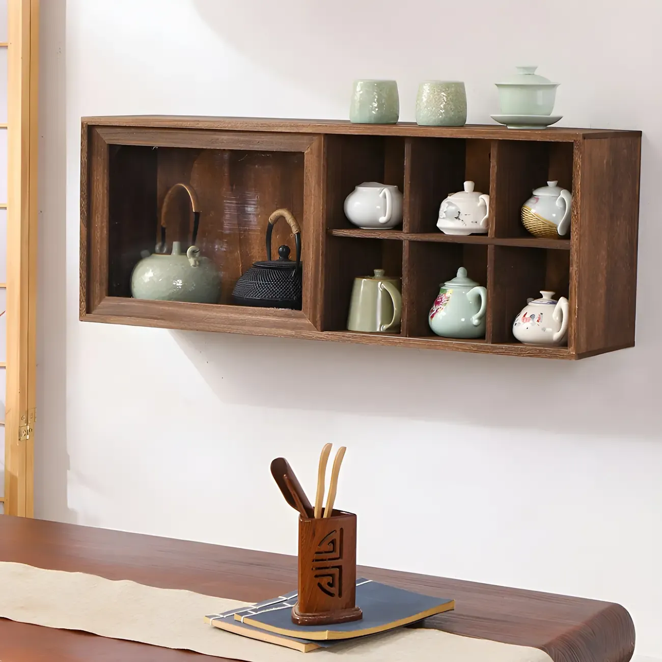 Brown Wood Floating Open Storage China Cabinet