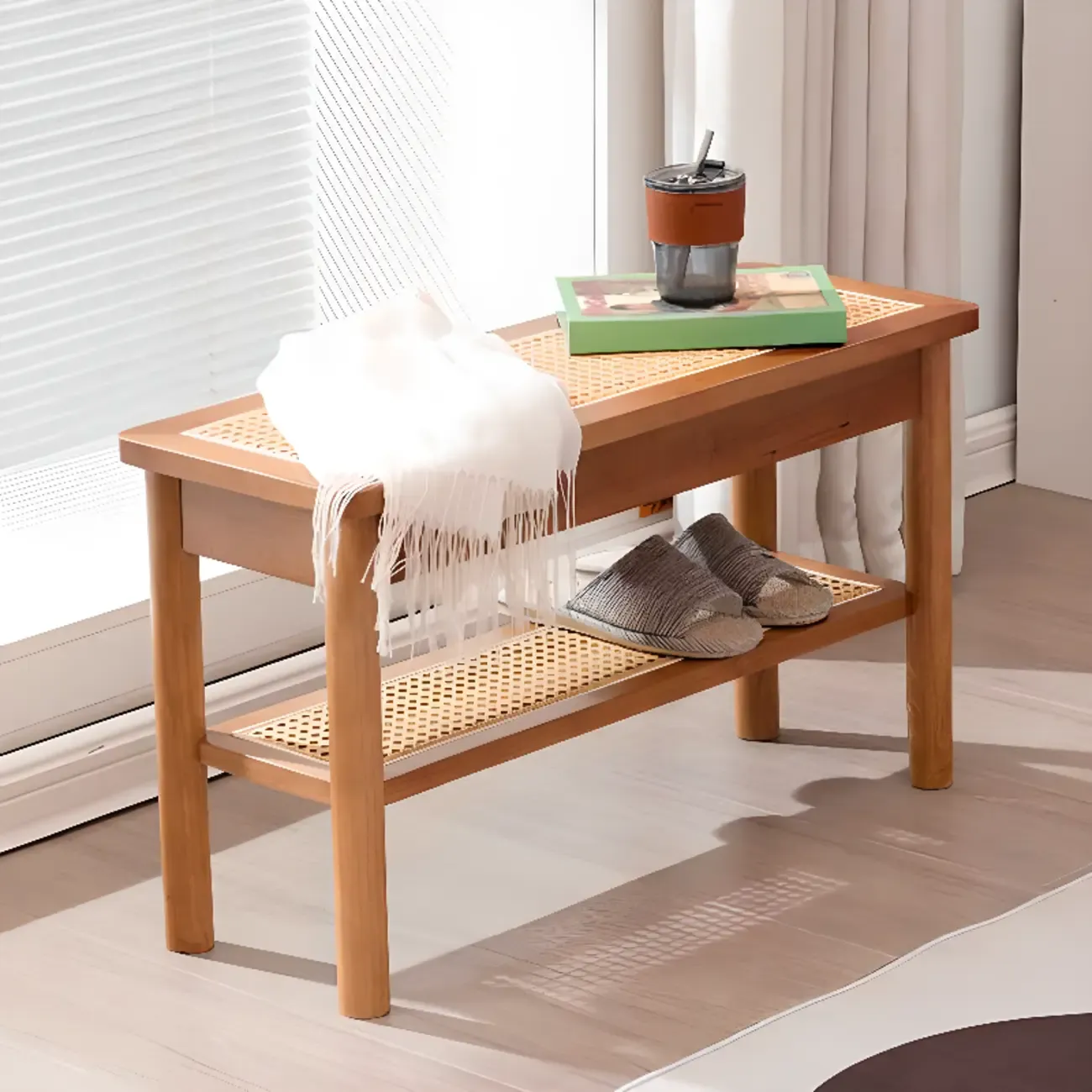 Minimalist Wooden Cherry Entryway Shoe Bench with Storage