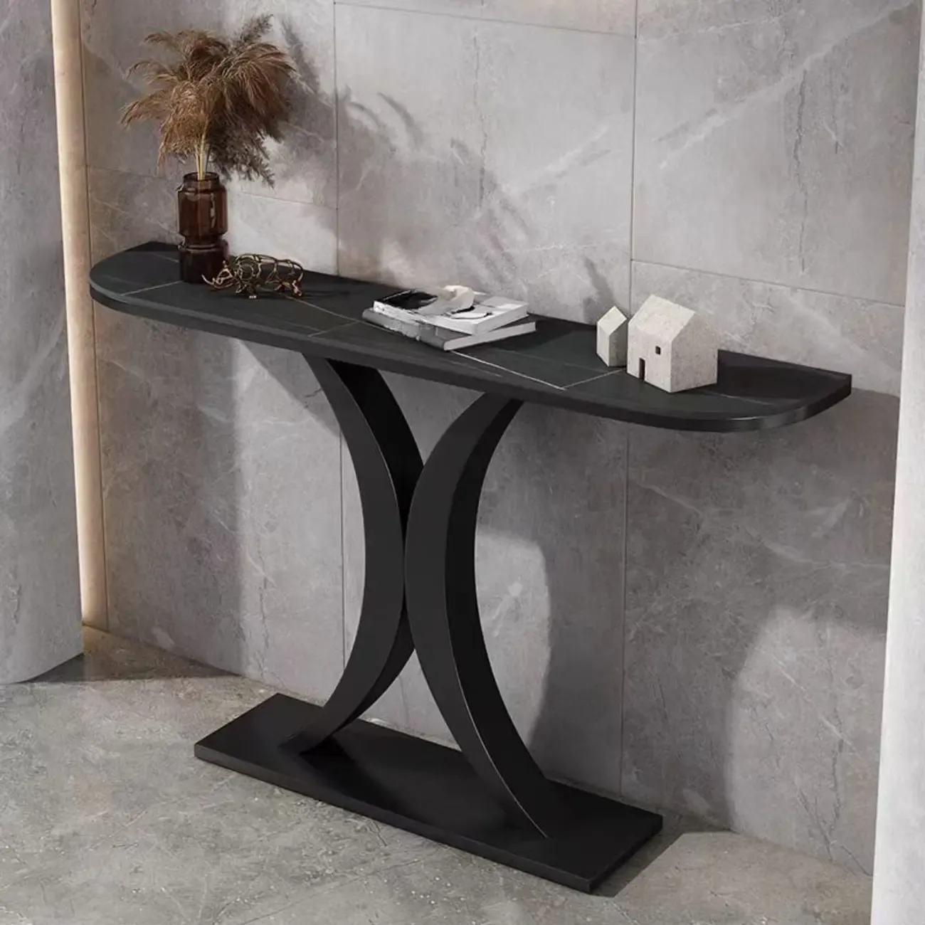 White Half-Circle Stone Rose Gold Entryway Console Table