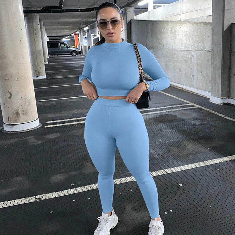 hulianfu Two Piece Sets Women Solid Autumn Tracksuits High Waist Stretchy Sportswear Hot Crop Tops And Leggings Matching Outfits - Deanwangkt
