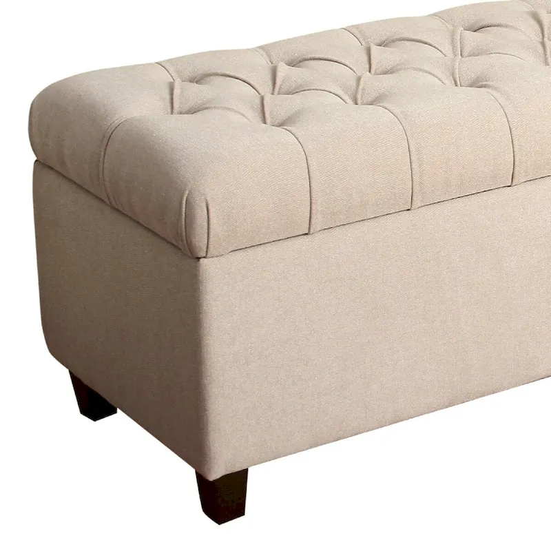 Fabric Upholstered Button Tufted Wooden Bench With Hinged Storage, Cream and Brown